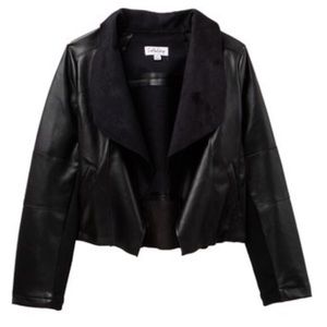 NWOT coffee shop faux leather drape front jacket
